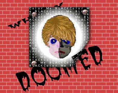Graphic on a red brick wall: a blond, half-skull face inside a white glow on a black panel filled with the repeated words "Color Me Black", with the drippy word "DOOMED" sprayed below