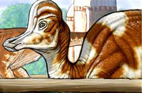 Painting of a brown-and-white spotted crested dinosaur (Corythosaurus) lying behind a fence like livestock, with farm silos behind