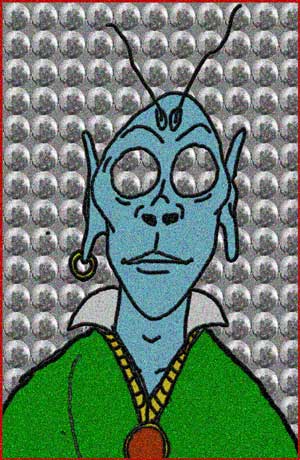 Cartoon of a blue-skinned alien with antennae, round goggle eyes and an earring, wearing a green coat and pendant, against a grey patterned background