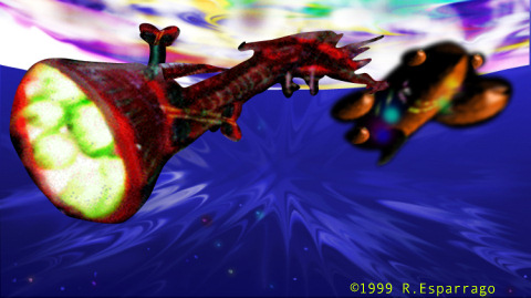 Digital painting of a battered red spaceship with a glowing green engine pod flying above a blue planet surface, a second craft behind it