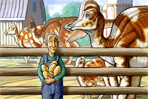 Painting of an elderly farmer in green overalls holding an armful of large eggs at a fence, with spotted crested dinosaurs penned behind him and a barn in the background