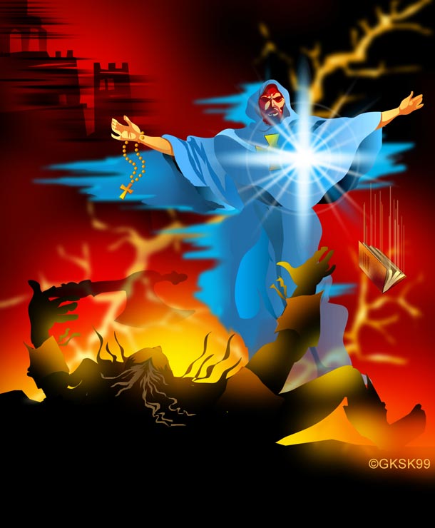 Digital painting of a blue-robed figure with outstretched arms blazing with white light, lightning in a red sky above and black silhouettes of fallen figures and flames below