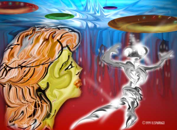 Digital painting of a woman's face in profile with a green-tinted cheek, a silvery humanoid figure dancing beside her and flying saucers in the sky above
