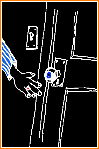 White line drawing on black: a hand in a striped sleeve reaching for a door whose keyhole holds a blue eye