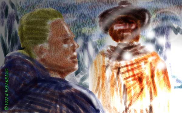 Impressionistic painting of two men in conversation, one in a dark jacket and one in a hat and plaid shirt, against a misty background