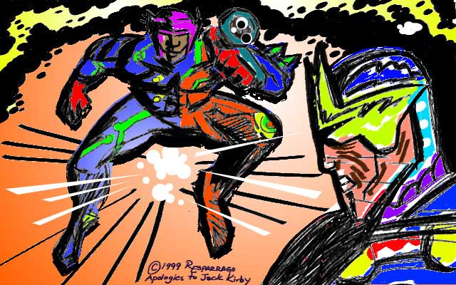 Comic-book-style drawing of a masked, armored figure leaping amid burst lines toward a large green-helmeted face in the foreground