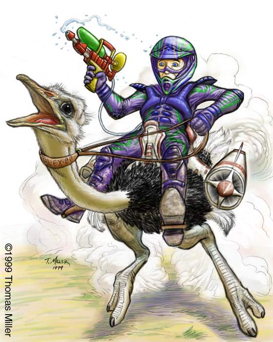 Colored drawing of a helmeted dirt-biker brandishing a water gun while riding a running ostrich strapped with rocket packs, dust clouds behind