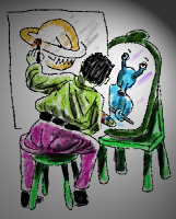 Crayon-style cartoon parodying Norman Rockwell's Triple Self-Portrait: an artist in a green coat and magenta trousers, seen from behind, paints a blue alien on a canvas while a grinning ringed planet looks on