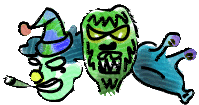 Cartoon of three monster heads side by side in blues and greens: a clown with a pointed hat and cigarette, a fanged green ogre, and a blob with eyestalks