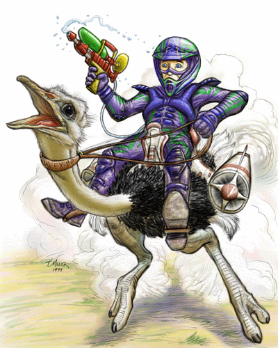 Painted version of the drawing: a helmeted dirt-biker in purple brandishing a green-and-red water gun while riding a running ostrich with a rocket pack, dust clouds behind