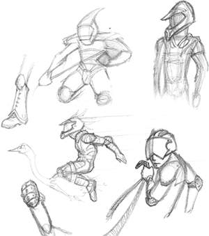 Page of pencil sketches of the rider in various poses and an ostrich's neck