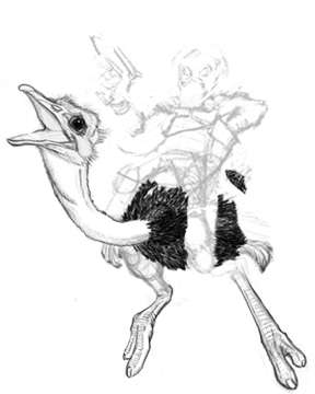 Step 1: rough pencil drawing of the rider on the ostrich, with faint construction lines
