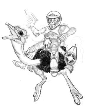 Step 2: the pencil drawing with the rider's helmet, arms and gun drawn in more firmly