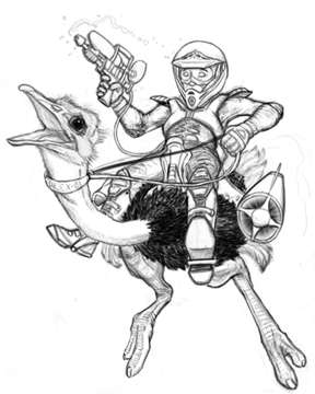 Step 4: the nearly finished pencil drawing of the rider on the ostrich