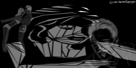 Dark monochrome digital image of angular grey shapes and a shadowy figure, like a dim corridor