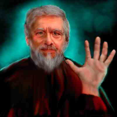Digital painting of a grey-haired, grey-bearded man in a dark red robe raising one open hand, on a teal background