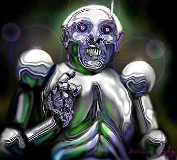 Digital painting of a chrome robot with a grinning skull-like face, glowing violet eyes and huge rounded shoulders
