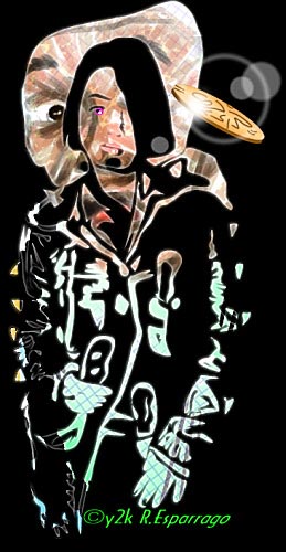 Black-and-white line art on black of a long-haired figure in a coat covered with glowing pale-green patterns, a small ringed planet at the upper right