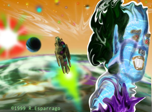 Colorful digital painting of a blue-skinned figure with flowing dark hair in front of a large green-and-white planet, a small spaceship and spiky purple shapes nearby