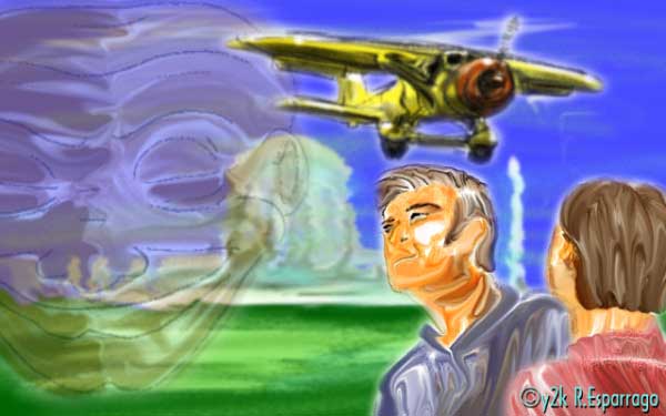 Painting of a yellow biplane flying over green fields while two men in the foreground watch it, a ghostly transparent face in the sky
