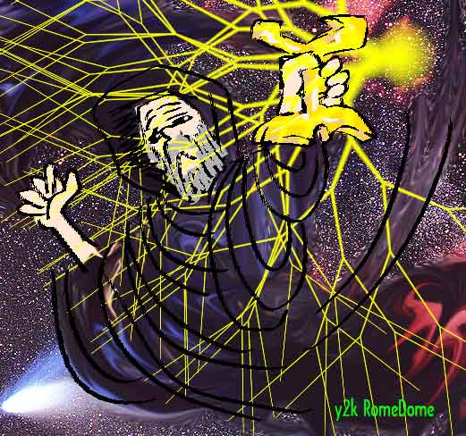 Digital painting of a robed, white-bearded old man with an outstretched hand amid a web of yellow light beams in a starry sky, a glowing staff above him