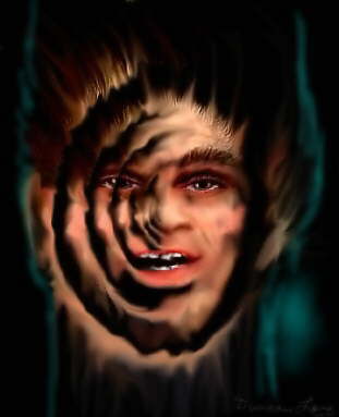 Digital art of a man's face seen through swirling dark ripples, as if emerging from a vortex