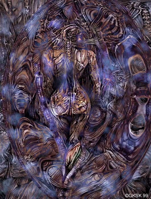 Dense digital artwork of swirling biomechanical textures in blue, purple and brown, with a faint figure among the folds