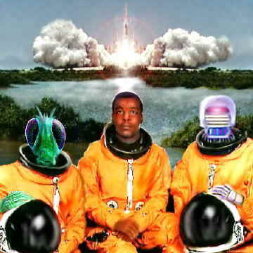 Photo-collage of three astronauts in orange flight suits seated in front of a rocket launch: a green fly-headed alien, a man, and a robot with a glowing visor