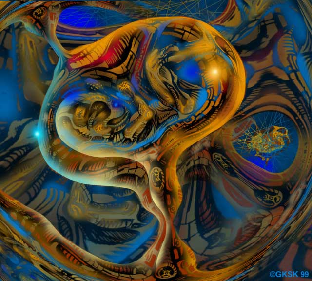 Swirling digital painting in orange, blue and gold of a curled fetus-like form inside an organic, marbled womb shape