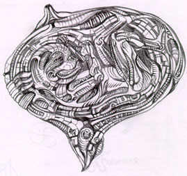 Pencil sketch of a heart- or womb-shaped form filled with intricate coiled tubes
