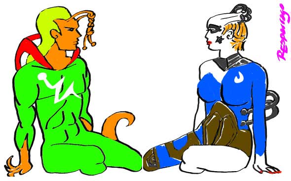 Cartoon of two seated figures: a green-skinned alien with braided antennae in a green suit, and a woman in a blue-and-white bodysuit with a metal eyepiece