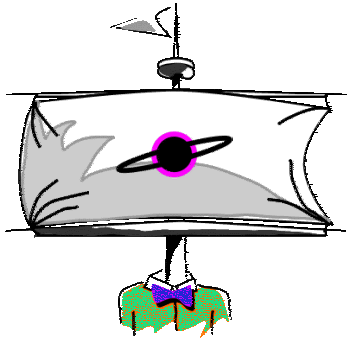 Cartoon of a little man in a bow tie whose head is a large flag-like sail with a ringed planet on it, topped by a small antenna