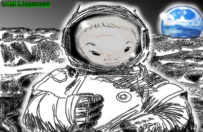 Black-and-white sketchy drawing of an astronaut in a spacesuit on the Moon, the blue Earth in a corner of the sky