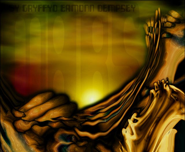 Abstract digital landscape in gold and brown: swirling ridges below a glowing sun on a misty horizon, the poet's name faintly across the top