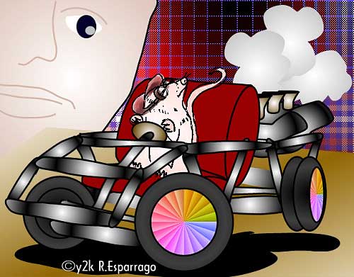 Cartoon of a mouse driving a skeletal, mousetrap-like race car with rainbow wheels and puffs of exhaust, a large face looming in the background
