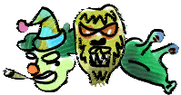 Cartoon of three monster heads side by side: a green clown with a pointed hat and cigarette, a hairy yellow beast with glowing eyes, and a green slug-like creature