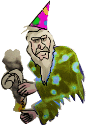 Cartoon of a bearded old wizard in a polka-dot party hat and patterned robe holding a smoking bundle