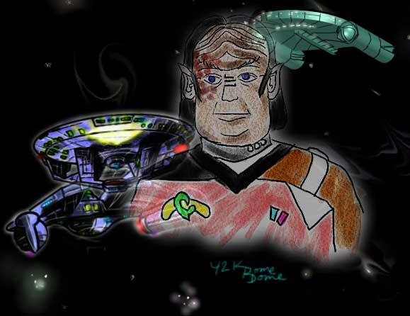 Glowing digital drawing of a man with a fringe of hair in a red-and-white Starfleet-style uniform, with two Star Trek-style starships around him