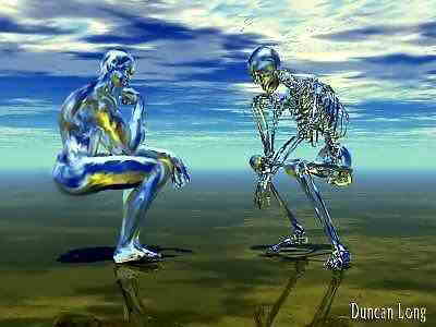Computer-rendered image of a chrome humanoid figure and a skeleton, each seated in the pose of Rodin's Thinker, on a green plain under a cloudy sky
