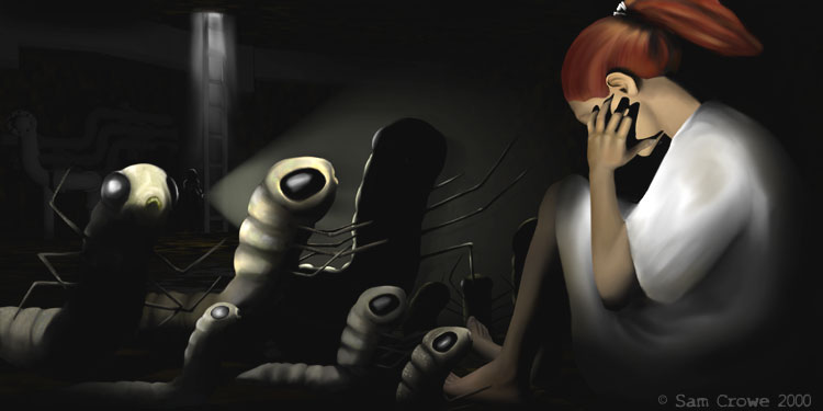 Dark digital painting of a red-haired woman in white covering her face in distress while giant segmented worms rise out of the shadows behind her