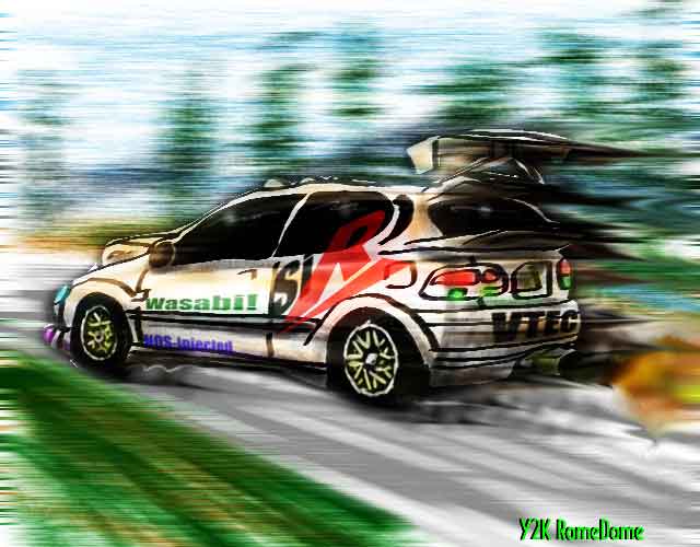 Digital painting of a white rally car with "wasabi" livery speeding along a blurred forest road