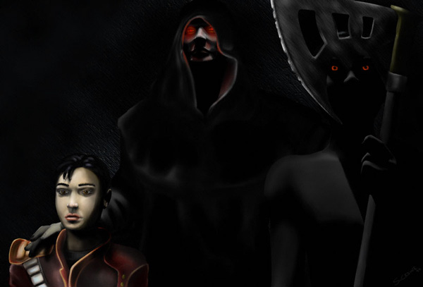 Dark digital painting of a young dark-haired woman in the foreground and two hooded, cloaked figures with glowing red eyes looming behind her