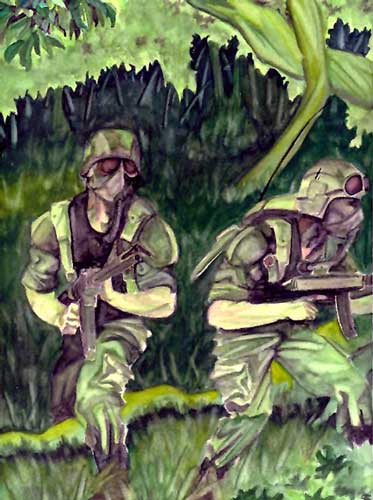 Painting of two soldiers in camouflage helmets and fatigues, rifles in hand, creeping through dense green jungle foliage