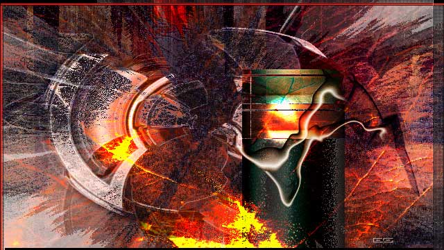 Abstract digital artwork in reds, oranges and black: a glowing cylinder with white tendrils amid curved metallic shapes and flames