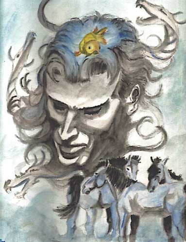 Ink-and-wash drawing of a man's face with wild flowing hair and a small golden fish on his forehead, three horses below