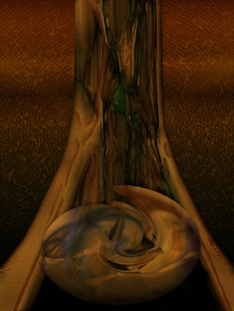 Digital artwork of a brown, wood-textured column flaring out at the base around a swirling egg-like oval
