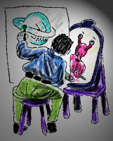 Crayon-style cartoon parodying Norman Rockwell's Triple Self-Portrait: a seated artist, seen from behind, looks into a purple-framed mirror that reflects a pink alien while painting a grinning ringed planet on a large canvas