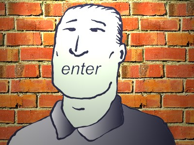 Cartoon of a smiling bald man in front of a red brick wall, the word "enter" written across his chin