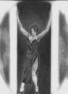 Grayscale drawing of a woman in a long slit gown standing with arms raised between two pillars