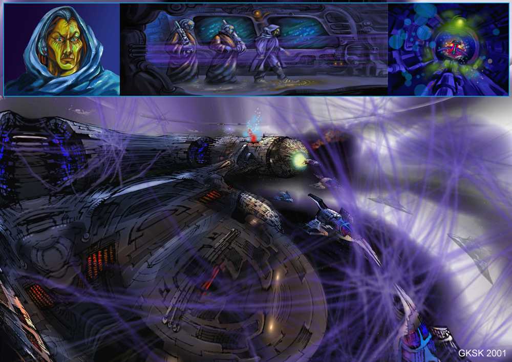 Montage of digital paintings in blue and purple: a green-skinned hooded alien, two robed figures in a starship corridor, a glowing energy core, and a large ship amid swirling violet energy